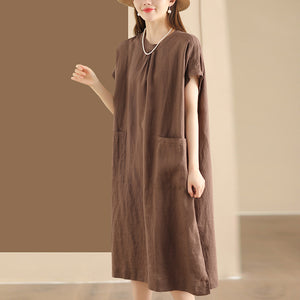 Đầm liền linen ngắn tay cổ tròn khuy cài sau hai túi vuông - D006
