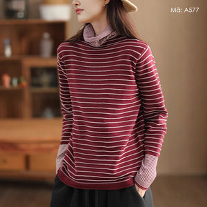 Áo T-shirt dài tay dệt kim cổ lọ kẻ sọc - A576