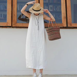 Đầm liền linen sát nách cổ tròn đơn sắc khóa kéo - NU10509