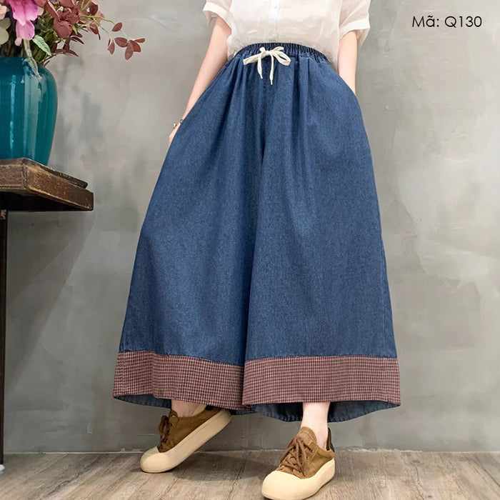 Quần baggy denim lưng thun ống rộng phối caro - Q129