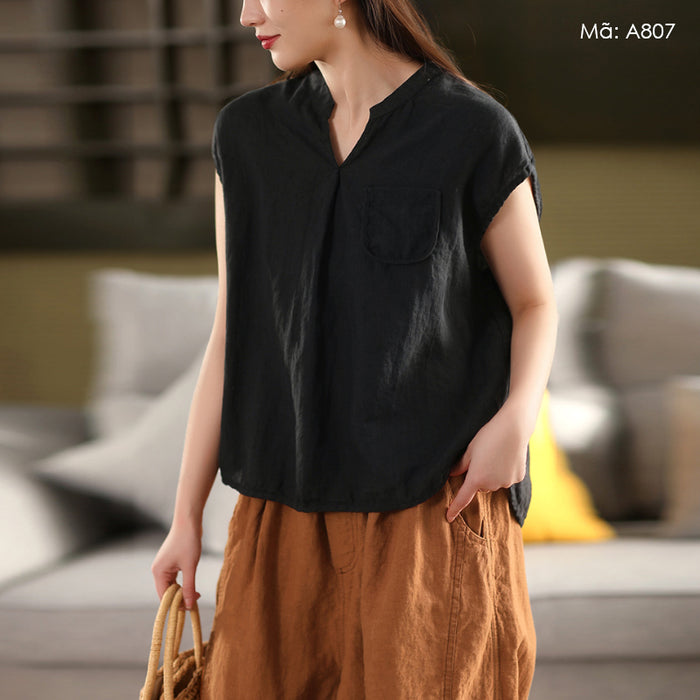 Áo sơ mi linen sát nách cổ trái tim một túi - A806