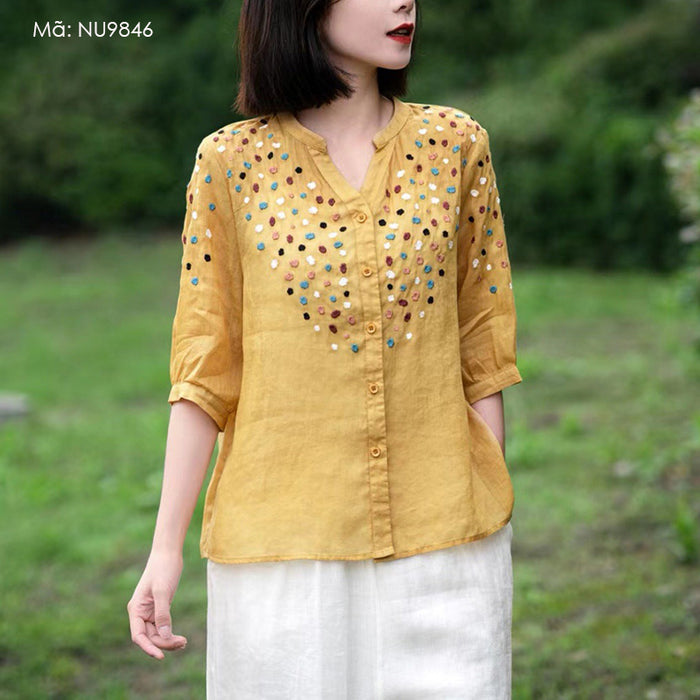 Áo sơ mi linen ngắn tay cổ V thêu hoa liti màu sắc - NU9845