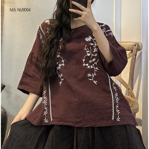 Áo T-shirt linen ngắn tay cổ tròn thêu đối xứng - NU9093
