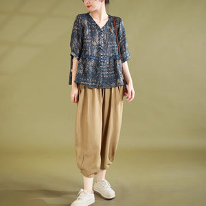 Áo sơ mi linen ngắn tay cổ V in retro kiểu đính ren - NU8930
