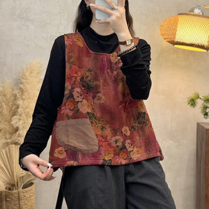 Áo T-shirt linen gile sát nách cổ tròn in hoa lá - A225