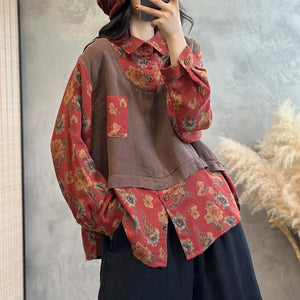 Áo sơ mi linen dài tay cổ đức kiểu hai mảnh in hoa lá - NU9273