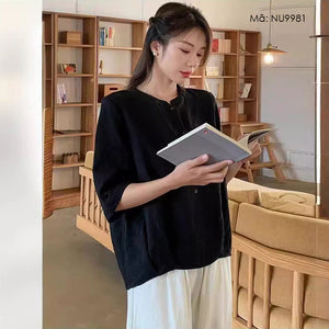 Áo sơ mi linen ngắn tay cổ tròn một túi retro - NU9980