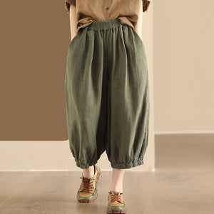 Quần baggy linen lửng lưng thun ống rộng bo gấu - Q005