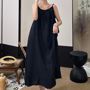 Đầm liền linen hai dây retro form rộng - NU10489