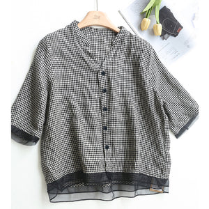 Áo sơ mi linen ngắn tay cổ đứng xẻ V kẻ caro - NU9020