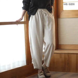 Quần baggy linen lưng thun dây rút ống côn - Q204