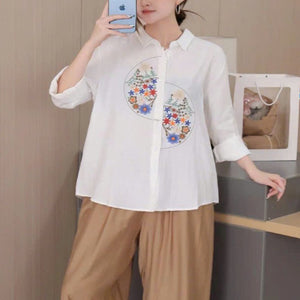 Áo sơ mi dài tay cổ đức thêu trang trí hình tròn lệch - A260