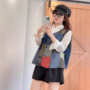 Áo khoác gile cổ V kiểu chắp vá hoa văn retro - A692