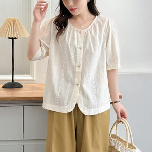 Áo sơ mi linen ngắn tay cổ tròn thêu hoa liti - A876