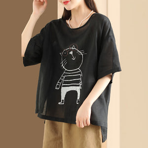 Áo T-shirt linen ngắn tay cổ tròn in chú mèo đeo kính - NU10463