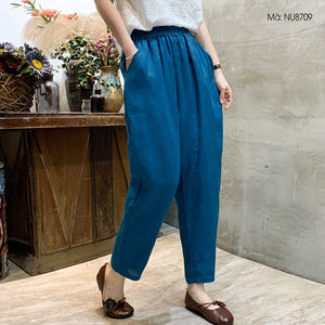 Quần baggy linen lưng thun thêu hoa văn hai túi chéo - NU8708