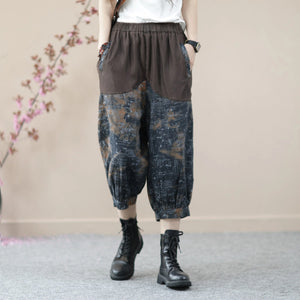 Quần baggy lửng denim lưng thun dây rút in hoa văn - NU8674