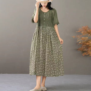Đầm liền ngắn tay cổ tròn in hoa thêu ren - D065