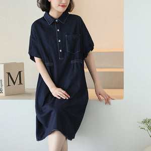 Đầm liền denim ngắn tay cổ đức chiết eo - NU10338