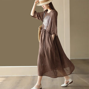 Đầm liền linen ngắn tay cổ tròn thêu cây đa eo thắt dây - NU8970