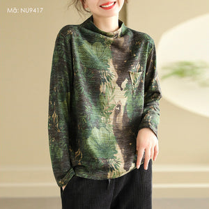 Áo T-shirt dài tay dệt kim cổ lọ in hoa lá retro - NU9416