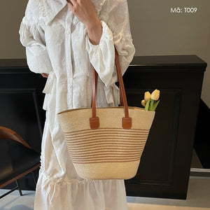 Túi cói đan tay retro quai da kẻ sọc  - T008