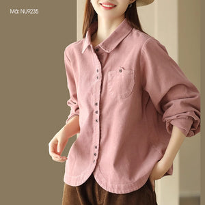 Áo sơ mi nhung dài tay cổ đức vạt bo tròn một túi kiểu - NU9234