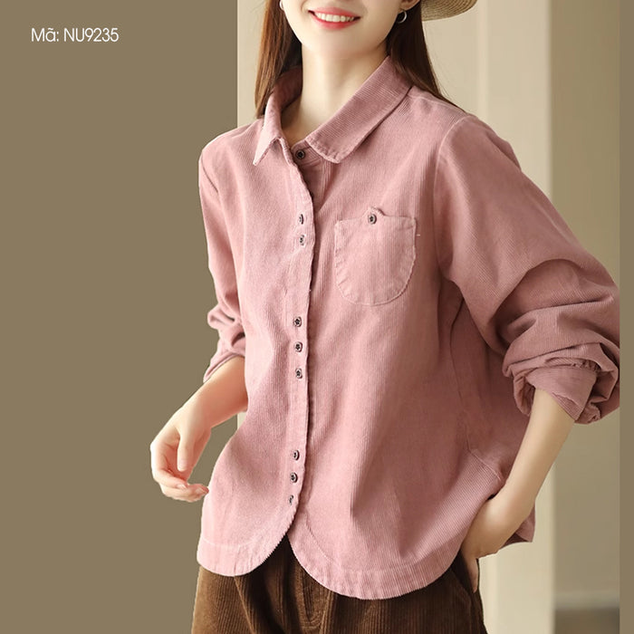 Áo sơ mi nhung dài tay cổ đức vạt bo tròn một túi kiểu - NU9234