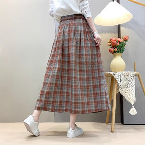 Chân váy linen lưng thun hai túi kẻ caro - V079