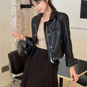 Áo khoác da dài tay cổ đức retro túi trước ngực - A504