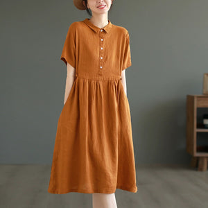 Đầm liền linen ngắn tay cổ đức khuy cài eo xếp - D049