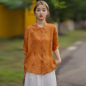 Áo sơ mi linen ngắn tay cổ đức thêu ren hoa lá - NU10058