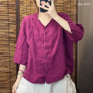 Áo sơ mi linen tay lửng cổ V - A996