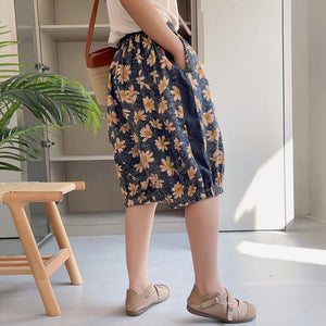 Quần baggy lửng denim lưng thun in hoa lá gấu túm - NU8876