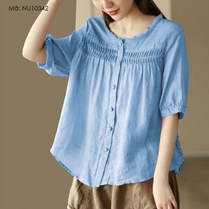 Áo sơ mi linen ngắn tay cổ tròn xếp ly retro - NU10342