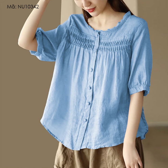 Áo sơ mi linen ngắn tay cổ tròn xếp ly retro - NU10342