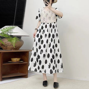 Đầm liền linen ngắn tay cổ V chấm bi đan móc - NU10145