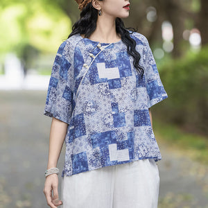 Áo sơ mi linen ngắn tay hoa văn retro khuy tròn cài lệch - NU10257