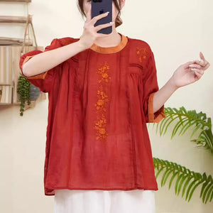 Áo sơ mi linen ngắn tay cổ tròn thắt dây thêu hoa lá trước ngực - NU10307