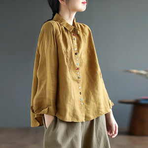 Áo sơ mi linen dài tay cổ đức thêu khuy sắc màu - NU9803