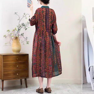 Đầm liền linen tay lửng cổ pipi in hoa lá kẻ sọc - NU10263
