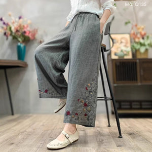 Quần baggy linen lưng thun dây rút ống rộng thêu dây hoa - Q134