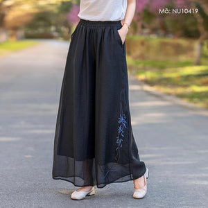 Quần baggy linen lưng thun ống rộng thêu nhành hoa - NU10418