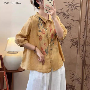 Áo sơ mi linen ngắn tay cổ đức in hoa hồng - NU10095
