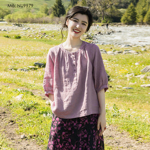 Áo sơ mi linen ngắn tay cổ tròn xếp ly - NU9978