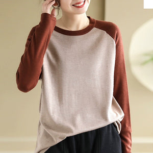 Áo T-shirt dệt kim dài tay phối lệch màu cổ tròn - NU9390