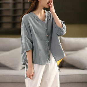 Áo sơ mi linen ngắn tay cổ đứng khuy tròn - A825