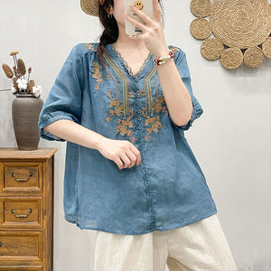 Áo sơ mi linen ngắn tay cổ V ren thêu đối xứng - NU9064