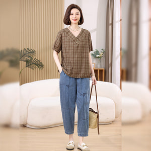 Áo sơ mi ngắn tay cổ V hai khuy kẻ caro - A908