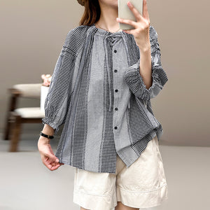 Áo sơ mi tay lửng cổ tròn dây rút kẻ caro - A012